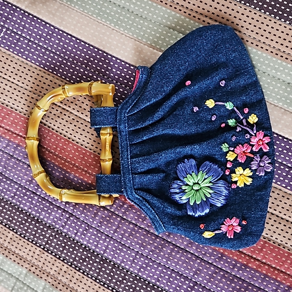 GAP Mini Embroidered Denim Wooden Handle Bag. Lined in Pink. Women Girl
